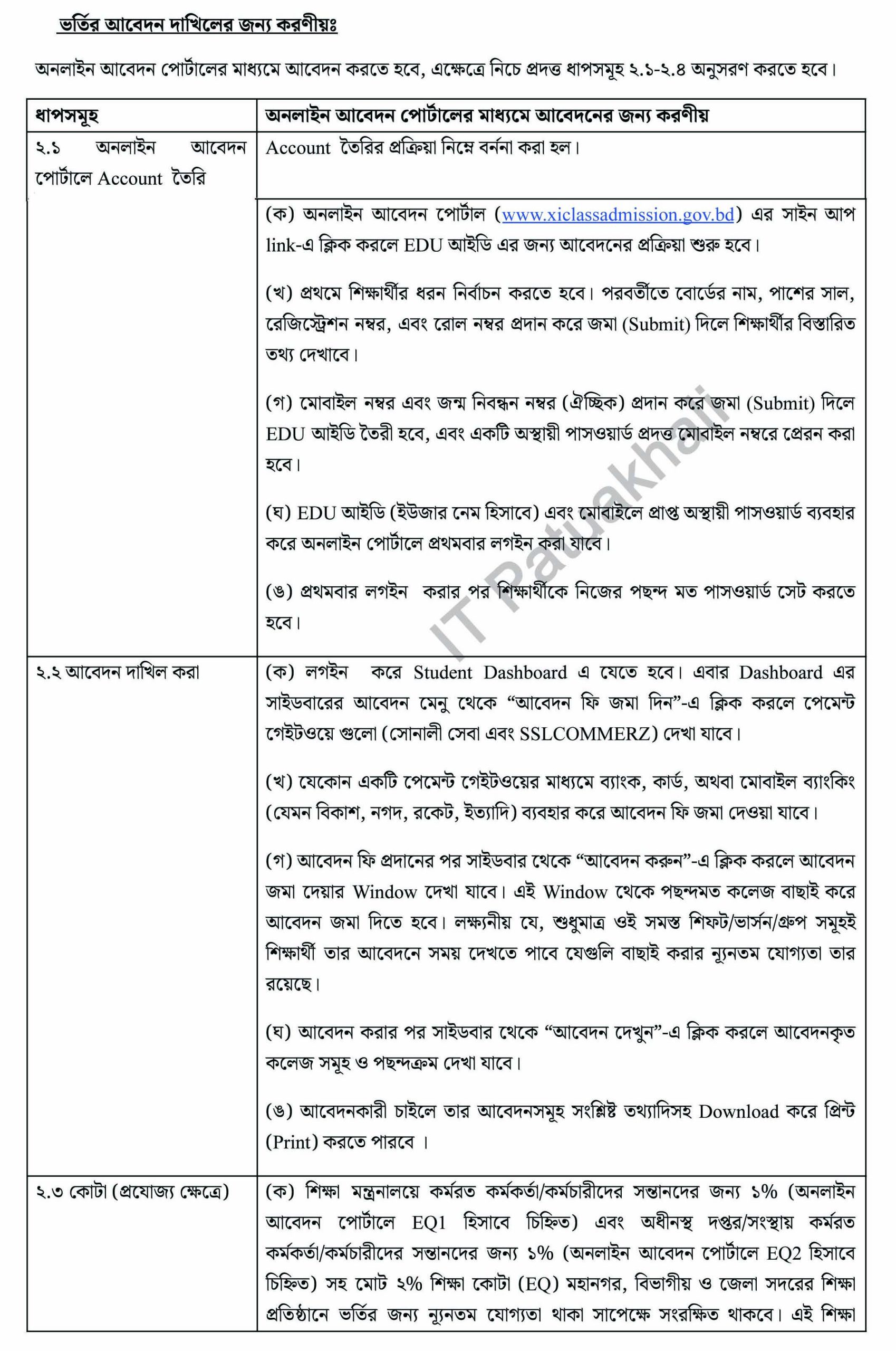 একাদশ শ্রেণির ভর্তি আবেদন 2024